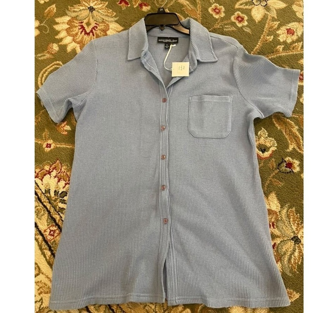 Monterey Bay Light Blue Waffle Knit Button Down Short Sleeve Shirt XL NWT USA